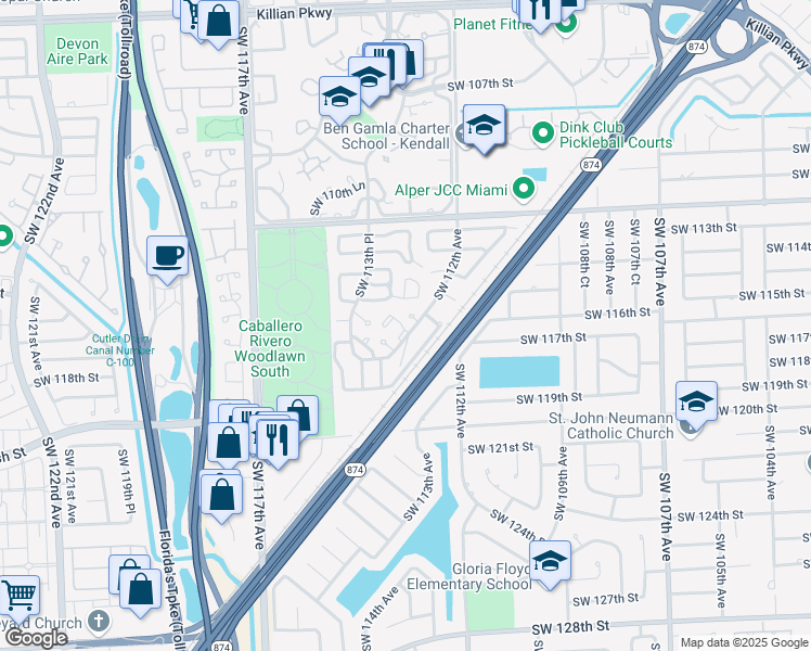 map of restaurants, bars, coffee shops, grocery stores, and more near 11650 Southwest 112th Avenue in Miami