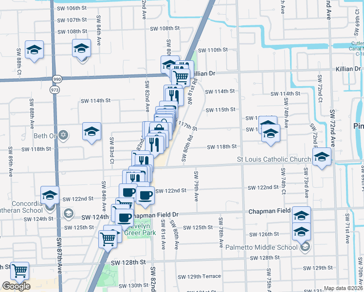 map of restaurants, bars, coffee shops, grocery stores, and more near 11750 Southwest 80th Road in Miami