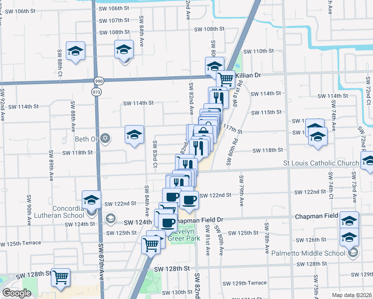 map of restaurants, bars, coffee shops, grocery stores, and more near 11853 South Dixie Highway in Pinecrest
