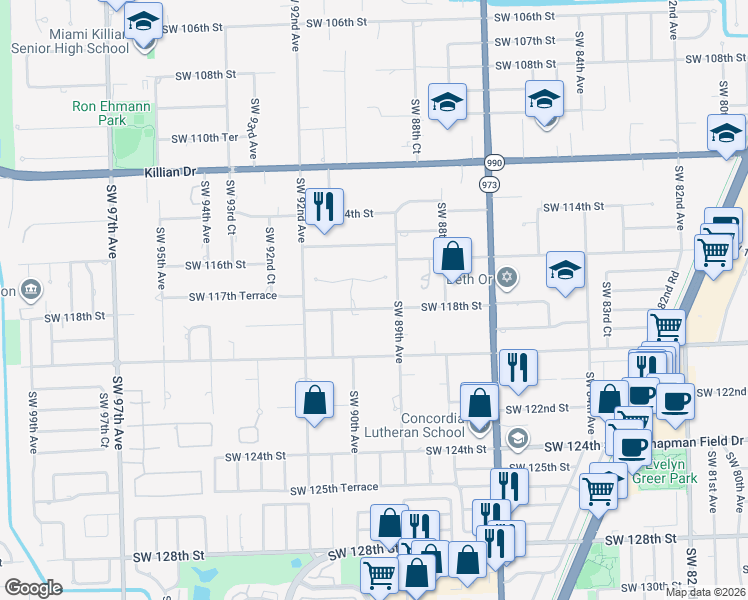 map of restaurants, bars, coffee shops, grocery stores, and more near 8955 Southwest 118th Street in Miami