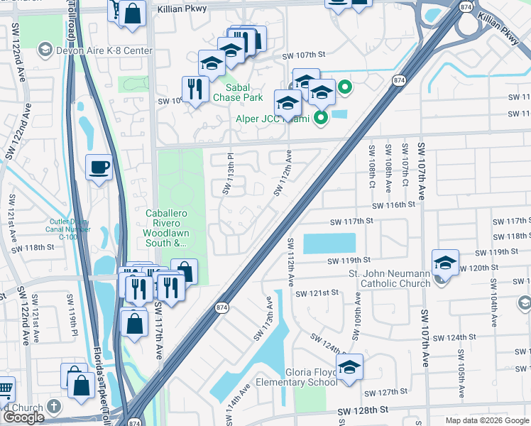 map of restaurants, bars, coffee shops, grocery stores, and more near 11650 Southwest 112th Avenue in Miami