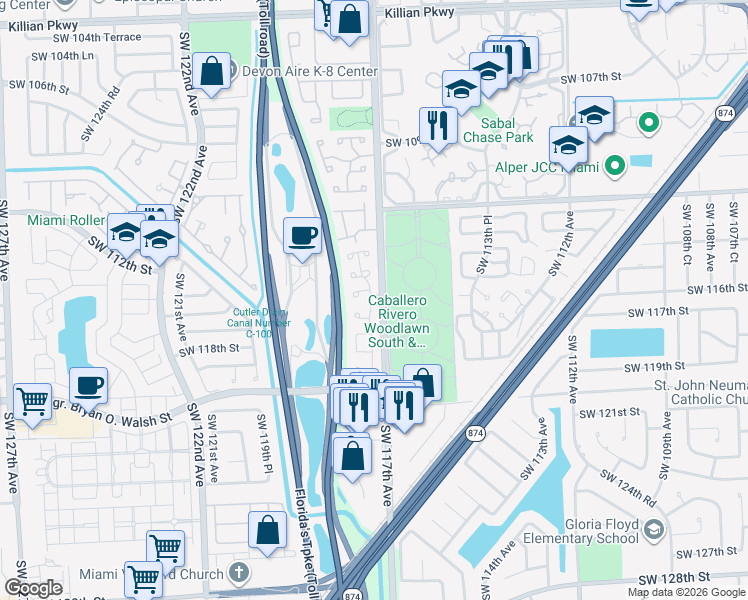 map of restaurants, bars, coffee shops, grocery stores, and more near 11655 Southwest 117th Avenue in Miami