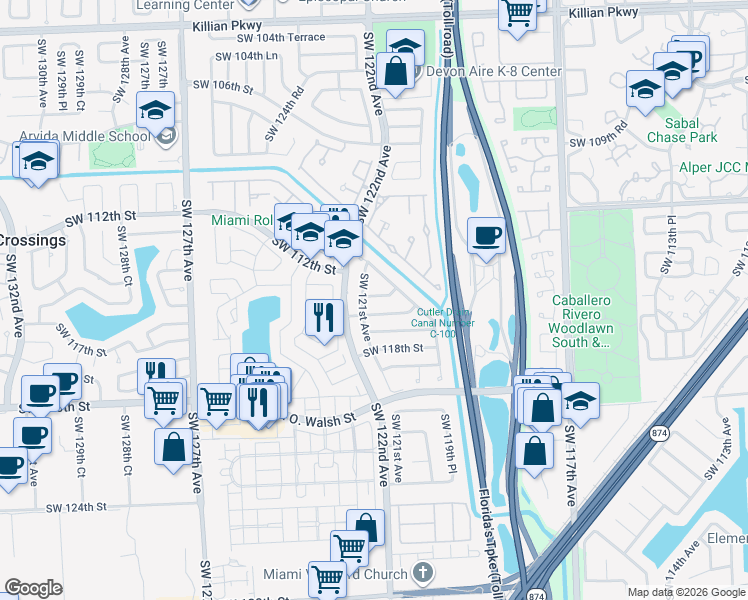 map of restaurants, bars, coffee shops, grocery stores, and more near 11610 Southwest 121st Avenue in Miami