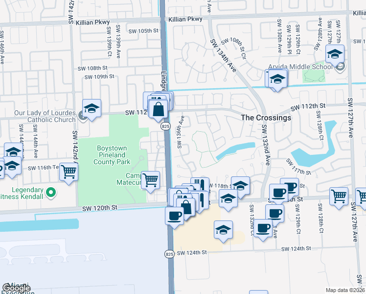 map of restaurants, bars, coffee shops, grocery stores, and more near 13594 Southwest 115th Terrace in Miami