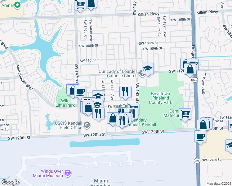 map of restaurants, bars, coffee shops, grocery stores, and more near 14346 Southwest 114th Terrace in Miami