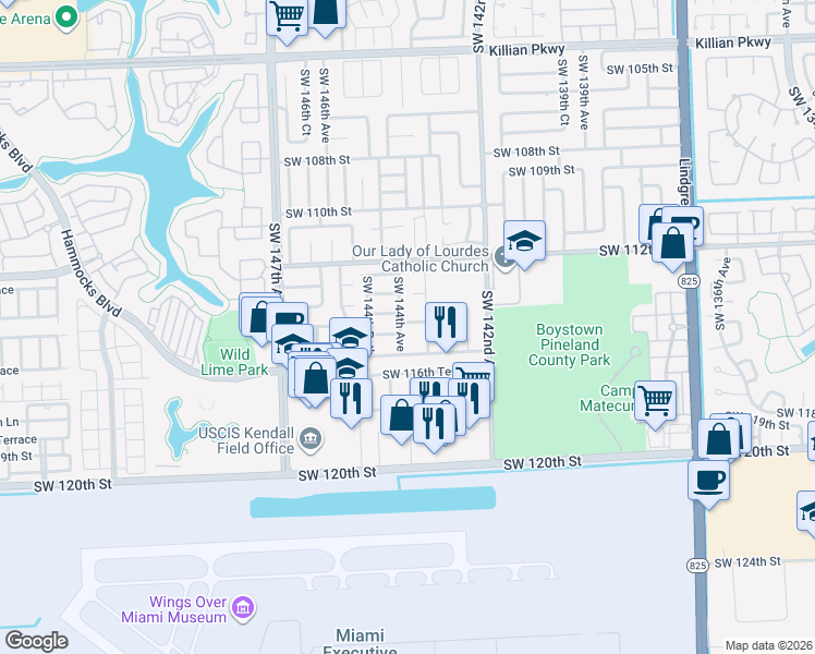 map of restaurants, bars, coffee shops, grocery stores, and more near 14346 Southwest 114th Terrace in Miami