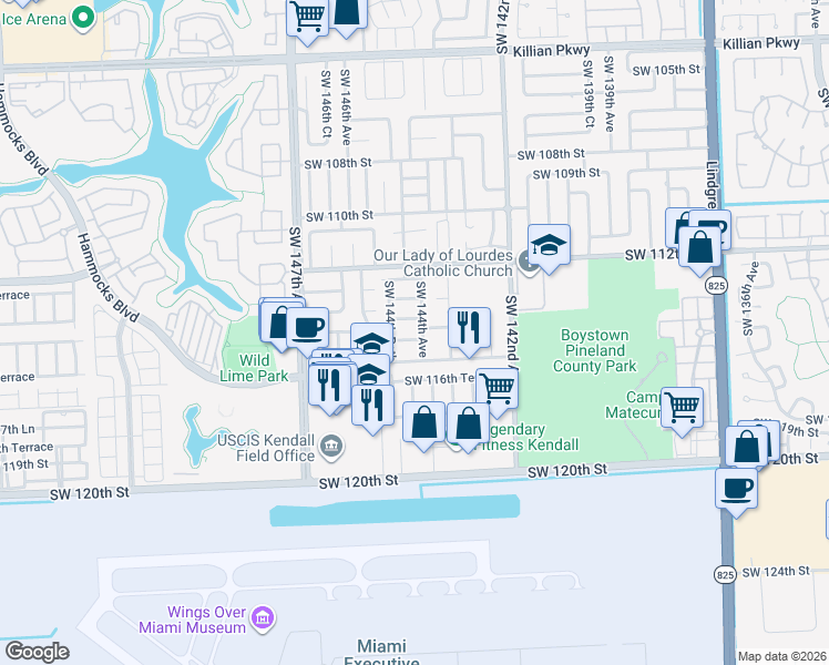 map of restaurants, bars, coffee shops, grocery stores, and more near 14463 Southwest 115th Street in Miami