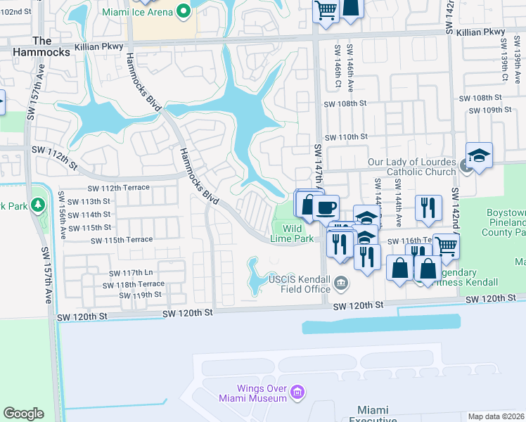 map of restaurants, bars, coffee shops, grocery stores, and more near 11495 Southwest 148th Path in Miami