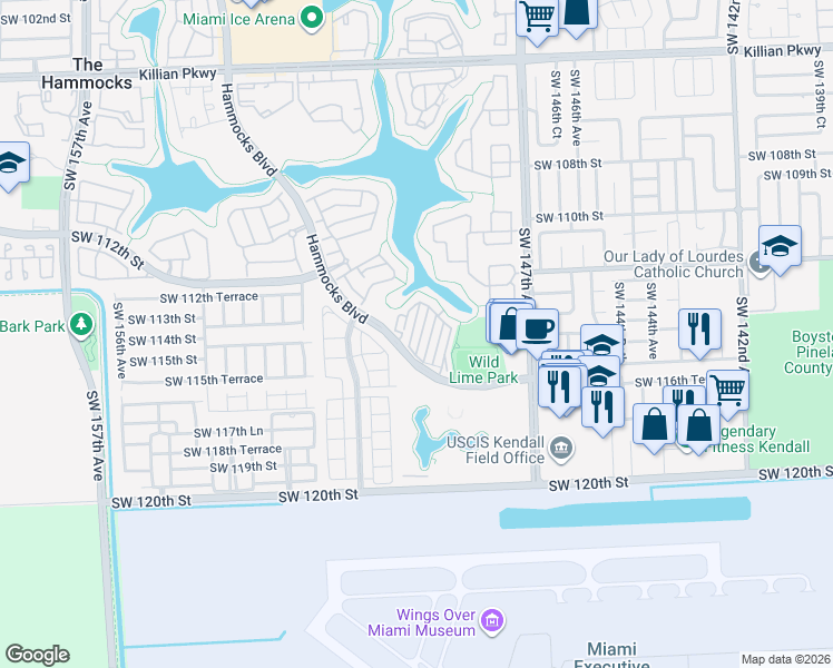 map of restaurants, bars, coffee shops, grocery stores, and more near 11495 Southwest 148th Path in Miami
