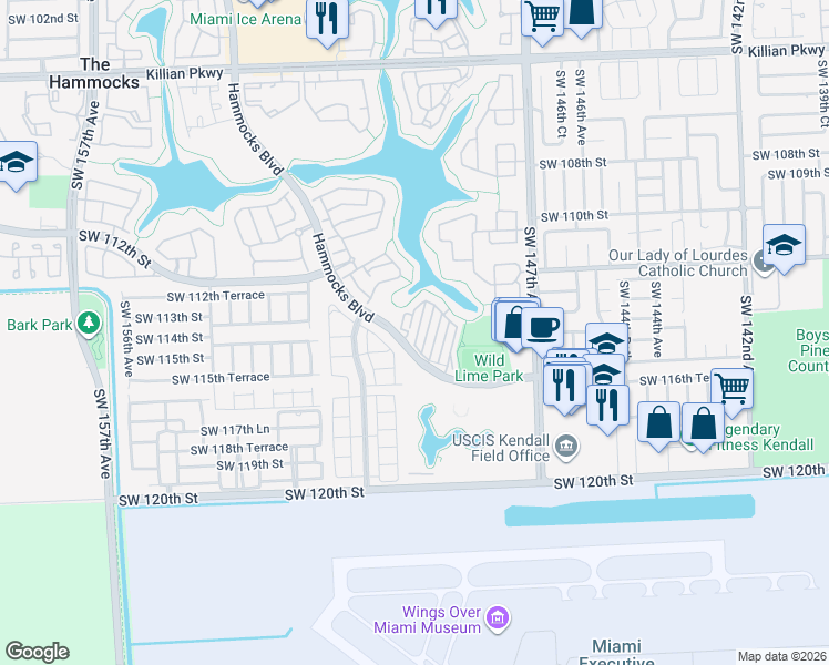 map of restaurants, bars, coffee shops, grocery stores, and more near Hammocks Boulevard in Miami
