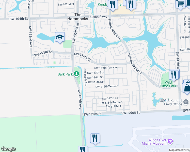map of restaurants, bars, coffee shops, grocery stores, and more near 15485 Southwest 114th Street in Miami