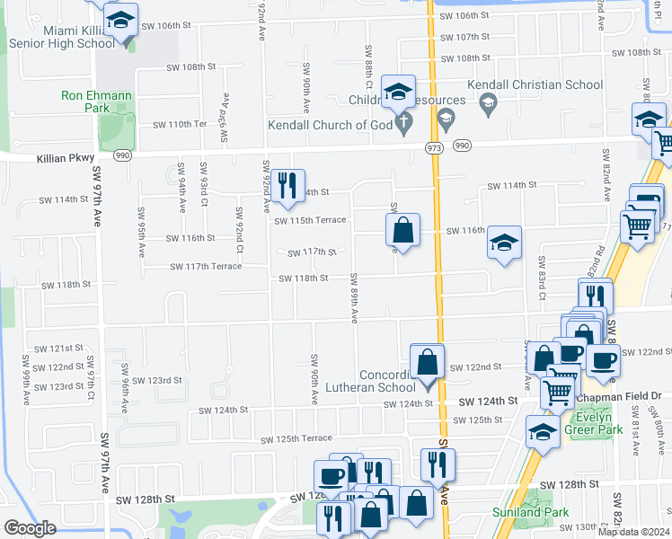 map of restaurants, bars, coffee shops, grocery stores, and more near 8955 Southwest 118th Street in Miami