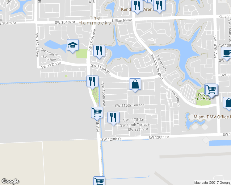 map of restaurants, bars, coffee shops, grocery stores, and more near 15485 Southwest 114th Street in Miami