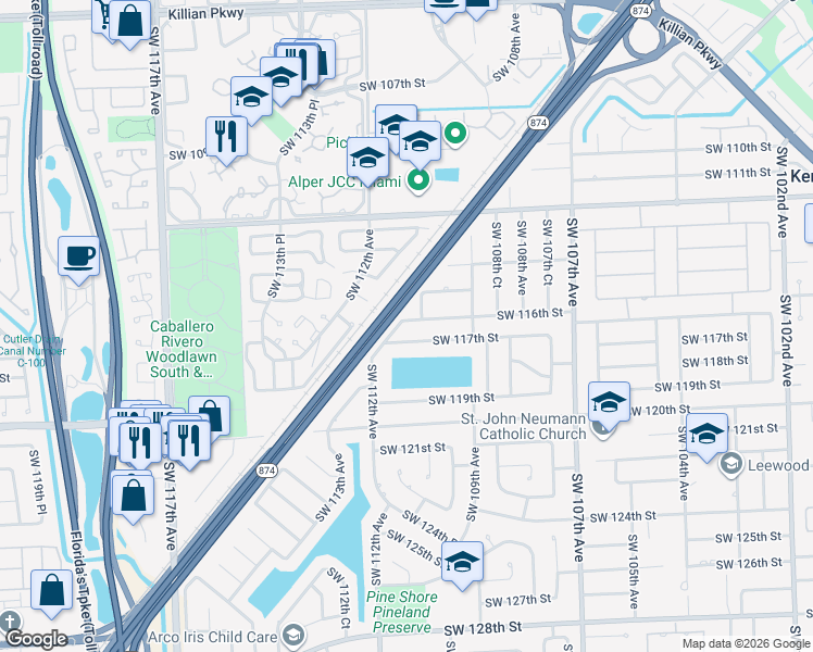 map of restaurants, bars, coffee shops, grocery stores, and more near 15050 Southwest 116th Street in Miami