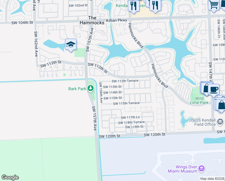 map of restaurants, bars, coffee shops, grocery stores, and more near 15485 Southwest 114th Street in Miami