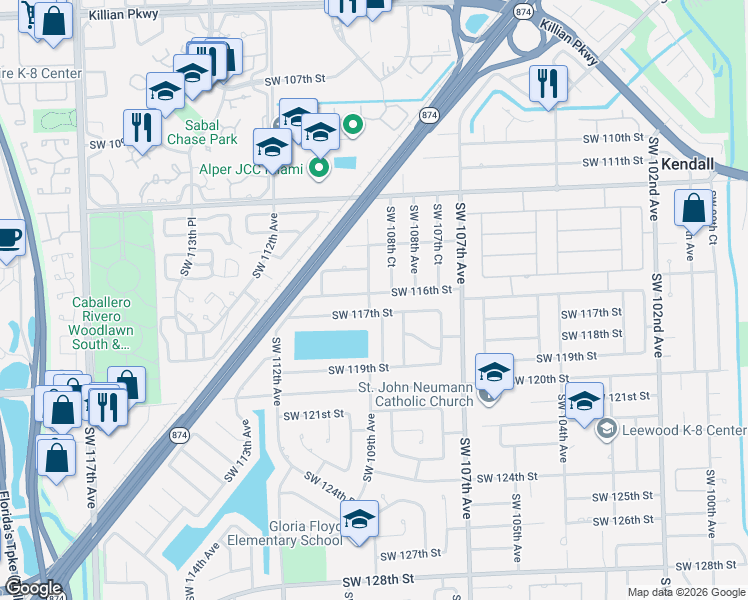 map of restaurants, bars, coffee shops, grocery stores, and more near 10901 Southwest 117th Street in Miami