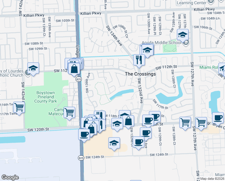 map of restaurants, bars, coffee shops, grocery stores, and more near 11524 Southwest 134th Avenue in Miami
