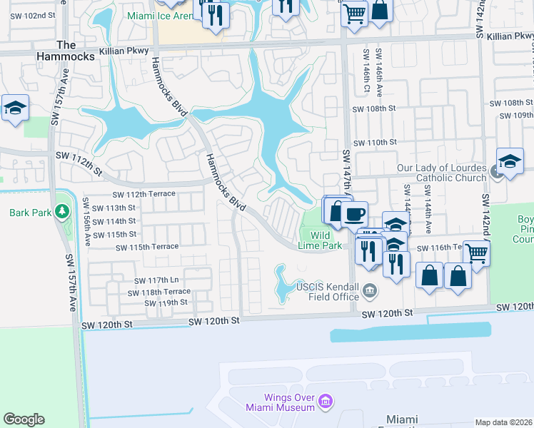 map of restaurants, bars, coffee shops, grocery stores, and more near 15057 Southwest 113th Terrace in Miami
