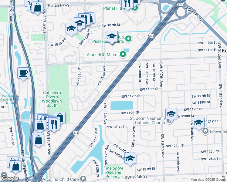 map of restaurants, bars, coffee shops, grocery stores, and more near 15083 Southwest 116th Street in Miami