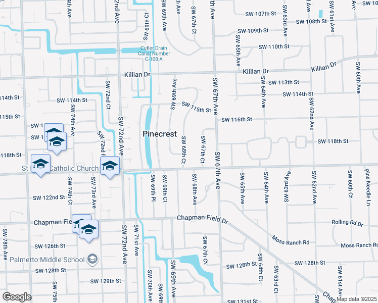 map of restaurants, bars, coffee shops, grocery stores, and more near 11950 Southwest 67th Court in Pinecrest