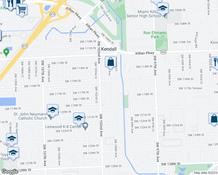 map of restaurants, bars, coffee shops, grocery stores, and more near 11622 Southwest 100th Avenue in Miami