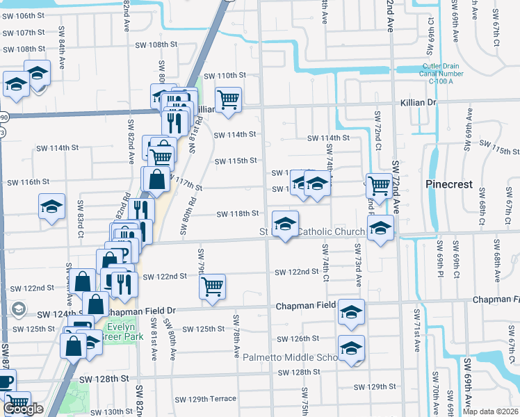 map of restaurants, bars, coffee shops, grocery stores, and more near 7701 Southwest 118th Street in Miami