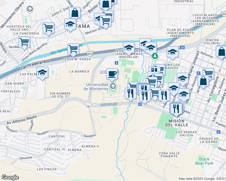 map of restaurants, bars, coffee shops, grocery stores, and more near 4500 Avenida Ignacio Morones Prieto in San Pedro Garza García