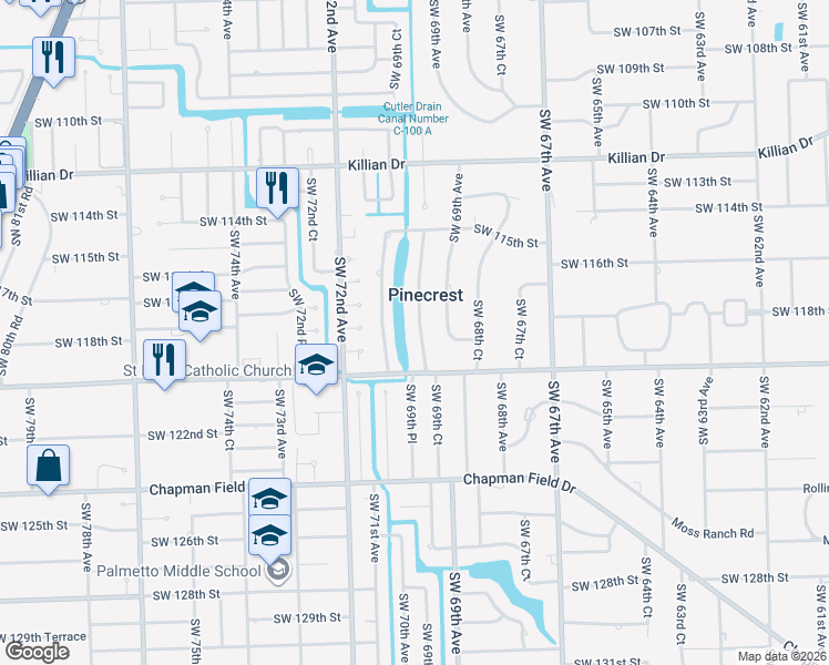 map of restaurants, bars, coffee shops, grocery stores, and more near 11901 Southwest 69th Court in Miami