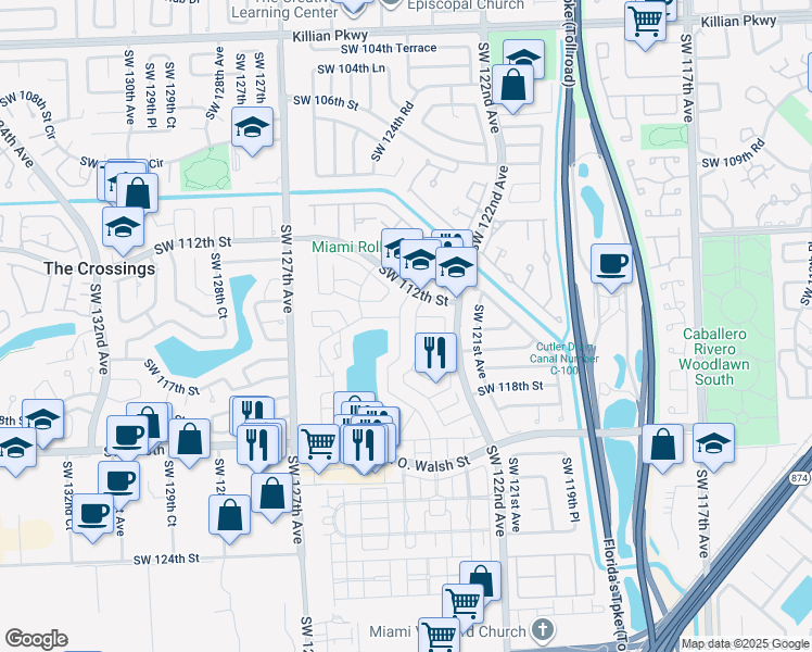 map of restaurants, bars, coffee shops, grocery stores, and more near 11620 Southwest 123rd Avenue in Miami