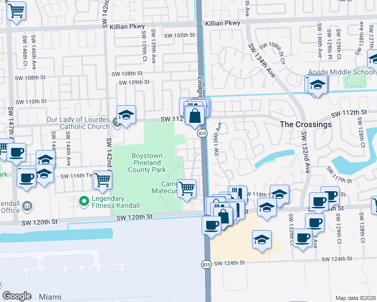 map of restaurants, bars, coffee shops, grocery stores, and more near 13817 Southwest 115th Street in Miami