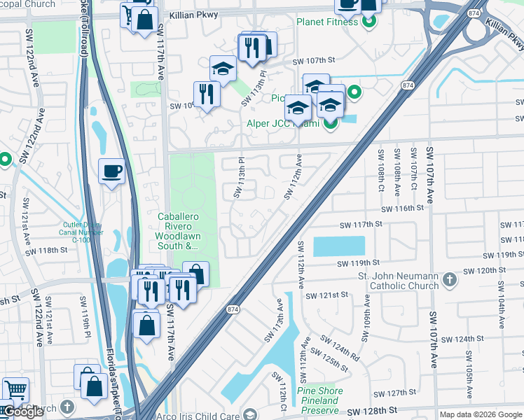 map of restaurants, bars, coffee shops, grocery stores, and more near 11267 Southwest 116th Terrace in Miami
