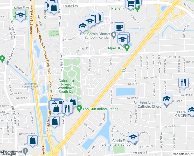 map of restaurants, bars, coffee shops, grocery stores, and more near 11650 Southwest 112th Avenue in Miami