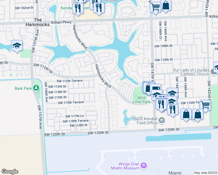 map of restaurants, bars, coffee shops, grocery stores, and more near 11362 Southwest 151 Avenue in Miami