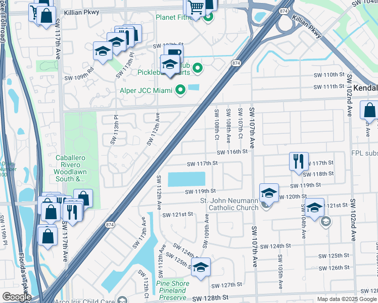 map of restaurants, bars, coffee shops, grocery stores, and more near 10965 Southwest 116th Street in Miami