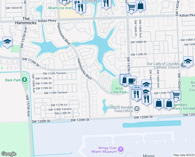 map of restaurants, bars, coffee shops, grocery stores, and more near 15057 Southwest 113th Terrace in Miami