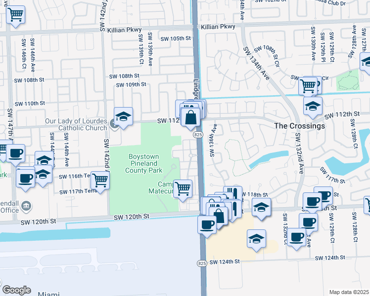 map of restaurants, bars, coffee shops, grocery stores, and more near 13733 Southwest 134th Court in Miami