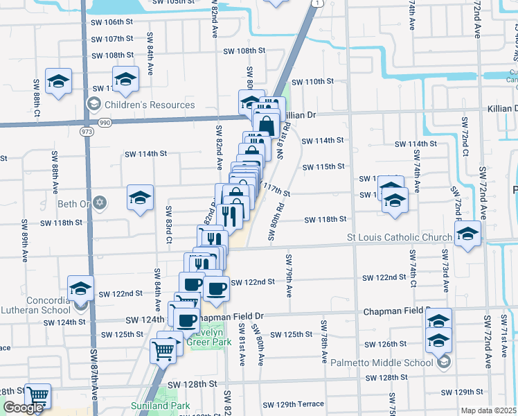 map of restaurants, bars, coffee shops, grocery stores, and more near 11713 Southwest 81st Road in Miami