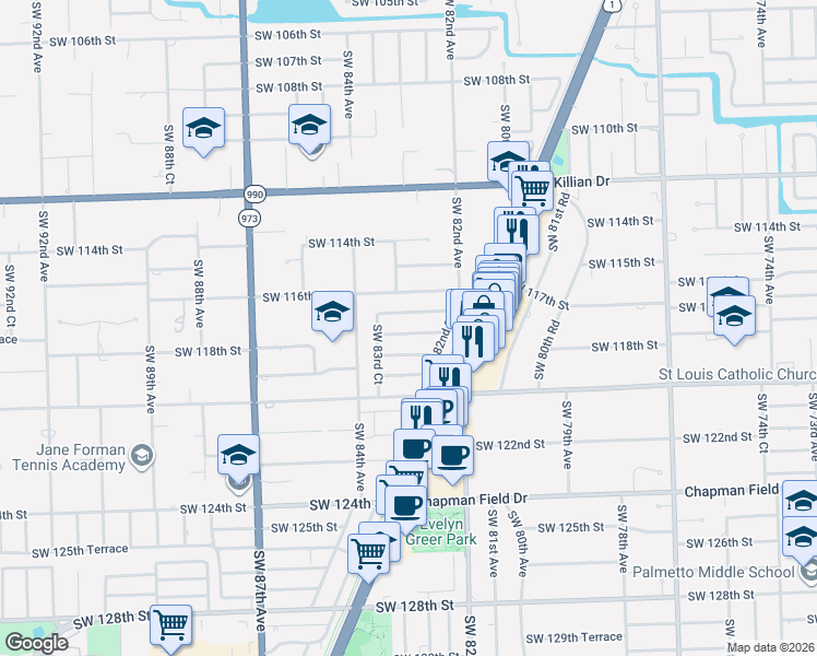 map of restaurants, bars, coffee shops, grocery stores, and more near 8245 Southwest 116th Terrace in Miami