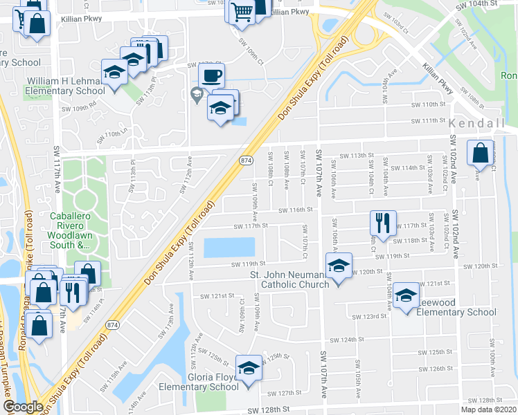map of restaurants, bars, coffee shops, grocery stores, and more near 11505 Southwest 109th Avenue in Miami