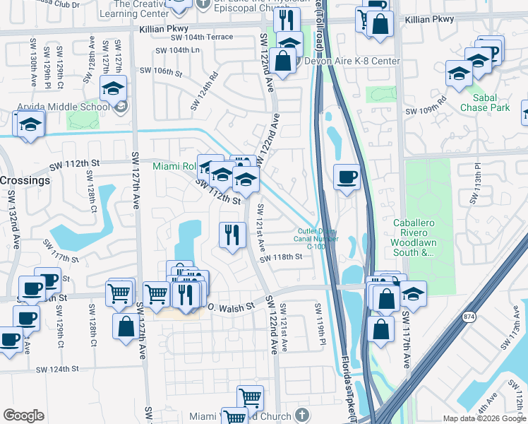 map of restaurants, bars, coffee shops, grocery stores, and more near 11540 Southwest 121st Avenue in Miami