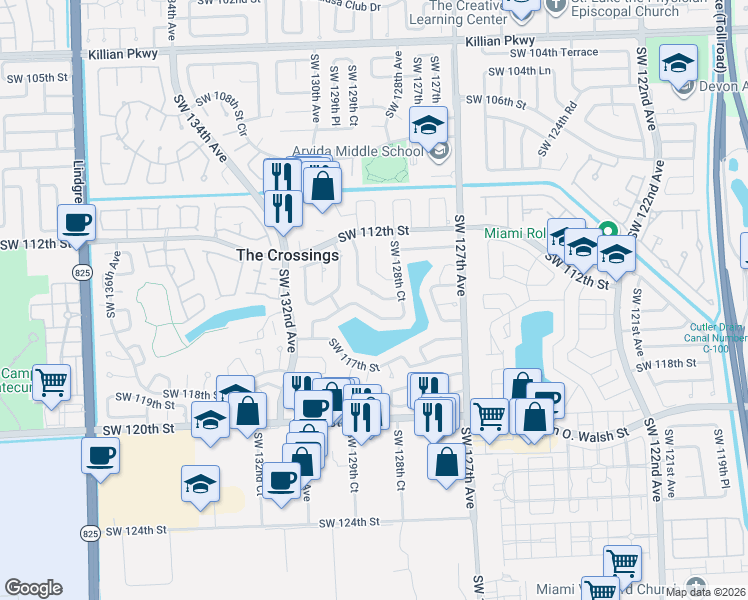 map of restaurants, bars, coffee shops, grocery stores, and more near 12814 Southwest 114th Terrace in Miami