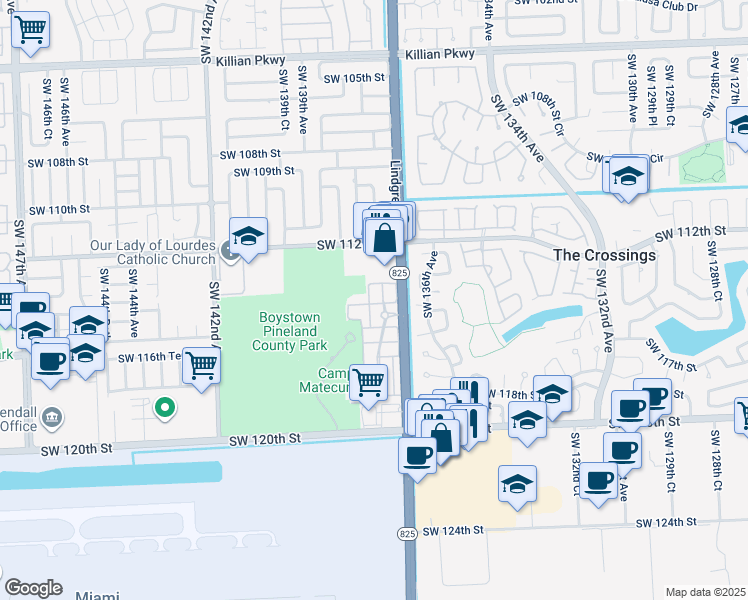 map of restaurants, bars, coffee shops, grocery stores, and more near 13733 Southwest 134th Court in Miami