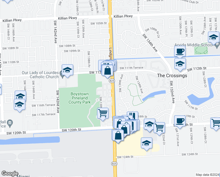 map of restaurants, bars, coffee shops, grocery stores, and more near 11410 Southwest 137th Court in Miami