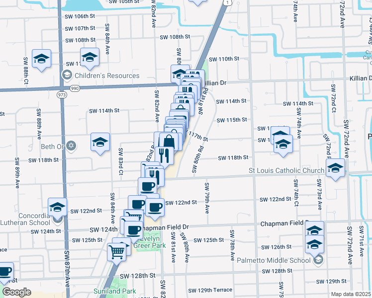 map of restaurants, bars, coffee shops, grocery stores, and more near 11713 Southwest 81st Road in Miami