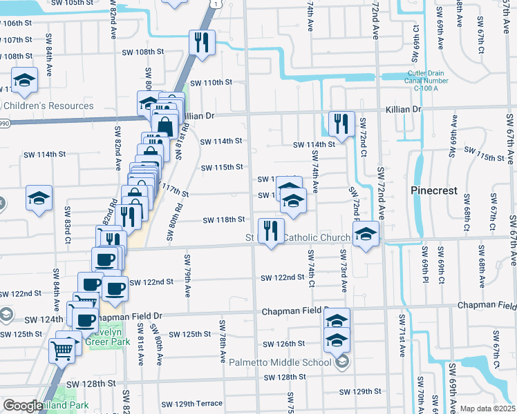 map of restaurants, bars, coffee shops, grocery stores, and more near 7600 Southwest 117th Street in Miami