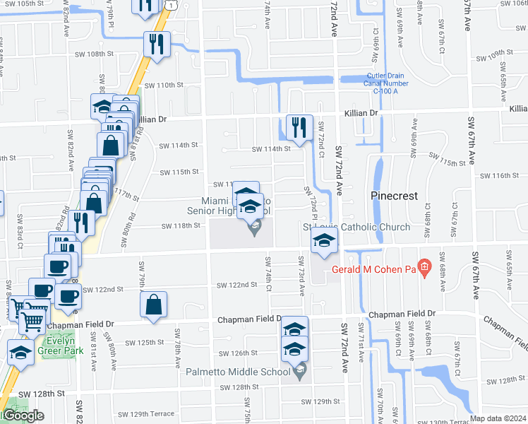 map of restaurants, bars, coffee shops, grocery stores, and more near 7425 Southwest 118th Street in Miami