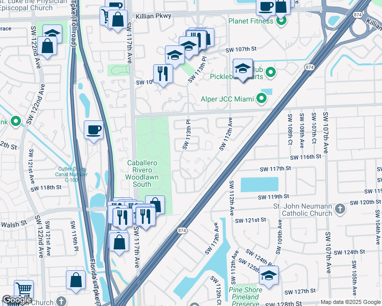 map of restaurants, bars, coffee shops, grocery stores, and more near 11332 Southwest 114th Lane Circle in Miami