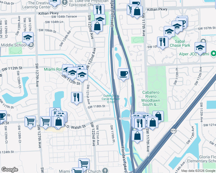 map of restaurants, bars, coffee shops, grocery stores, and more near 12020 Southwest 110th Street Circle East in Miami