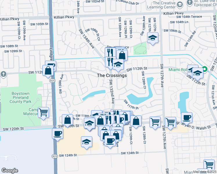 map of restaurants, bars, coffee shops, grocery stores, and more near 13252 Southwest 113th Terrace in Miami