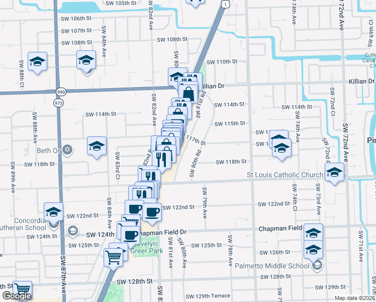 map of restaurants, bars, coffee shops, grocery stores, and more near 11713 Southwest 81st Road in Miami